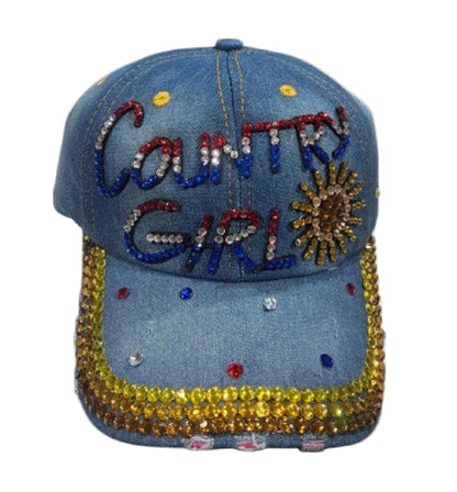 Country Girl Denim Bling Rhinestone Red White Blue Cap Hat