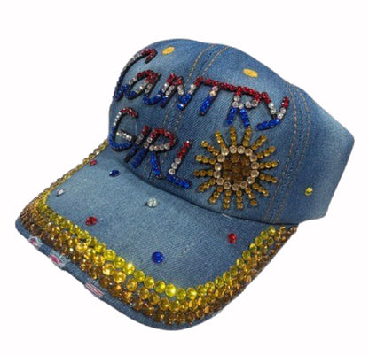 Country Girl Denim Bling Rhinestone Red White Blue Cap Hat