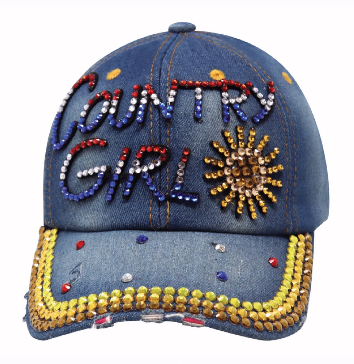 Country Girl Denim Bling Rhinestone Red White Blue Cap Hat