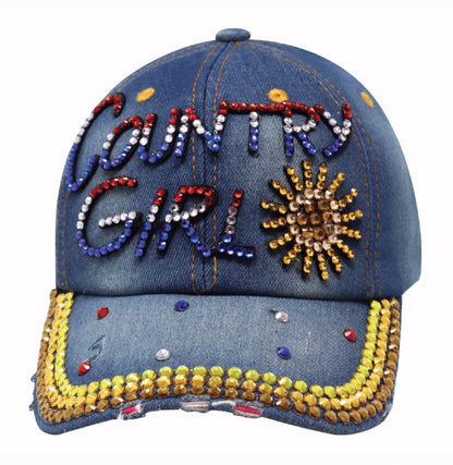Country Girl Denim Bling Rhinestone Red White Blue Cap Hat