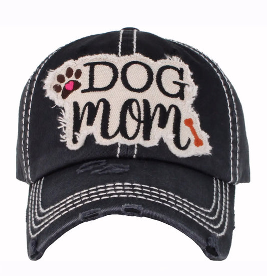 Dog Mom Distressed Grey Black Cap Hat