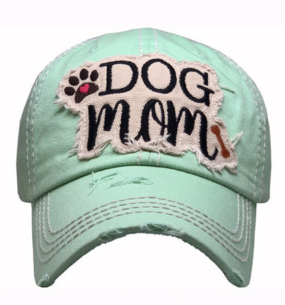 Dog Mom Distressed Aqua Green Cap Hat