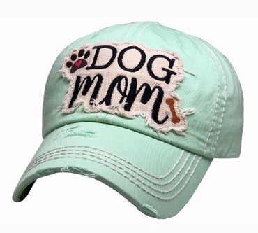 Dog Mom Distressed Aqua Green Cap Hat