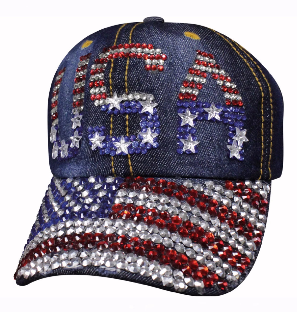 USA Denim Bling Flag Rhinestone Cap Hat