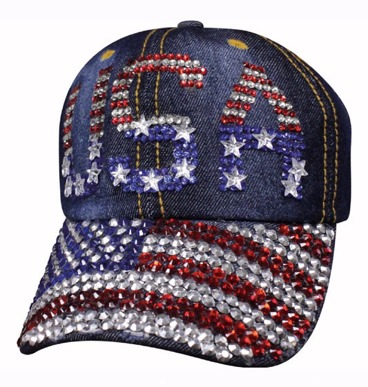 USA Denim Bling Flag Rhinestone Cap Hat