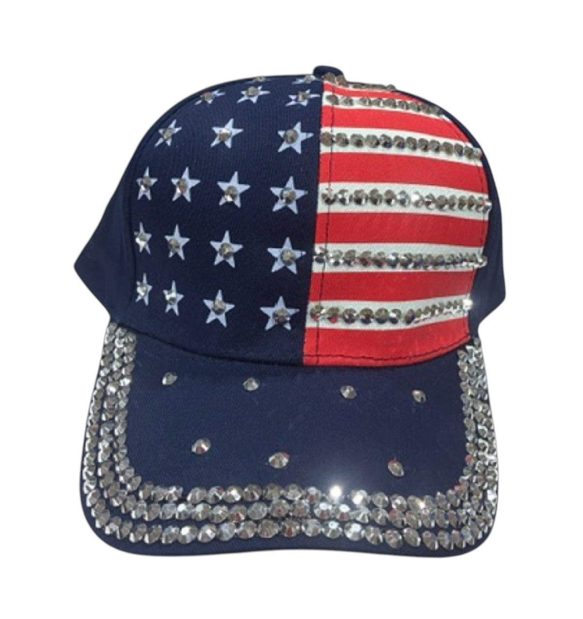 USA Flag Bling Rhinestone Red White Blue Cap Hat