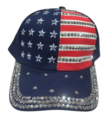 USA Flag Bling Rhinestone Red White Blue Cap Hat