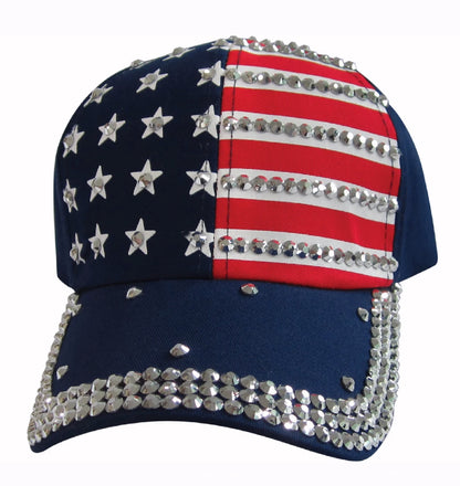 USA Flag Bling Rhinestone Red White Blue Cap Hat