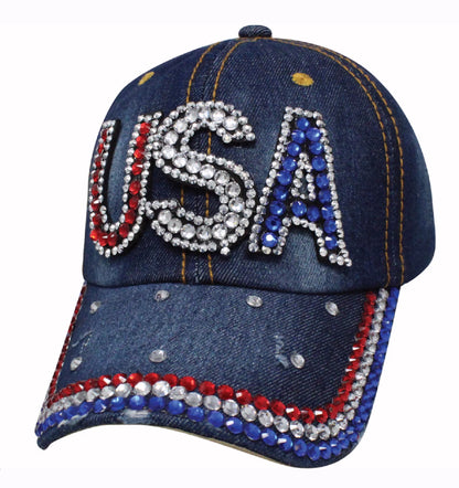 USA Denim Bling Red White Blue Cap Hat