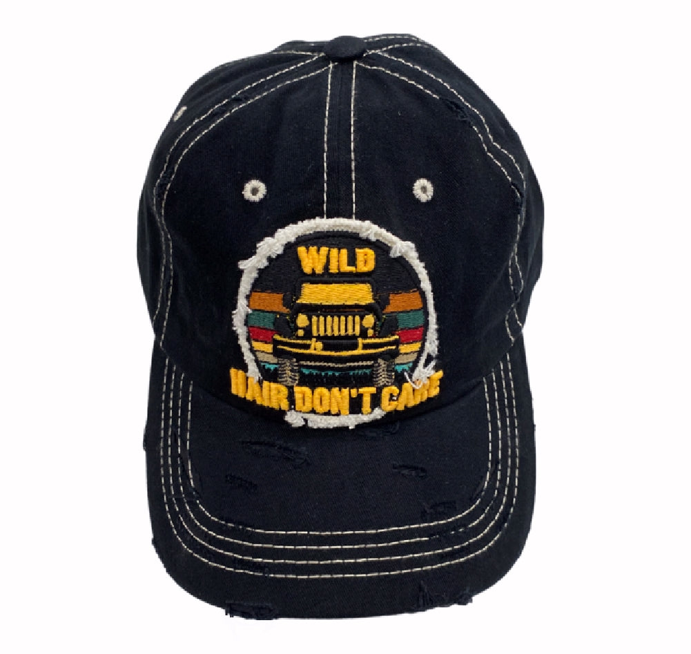 Off Road SUV Adventure Wild Hair Don’t Care Embroidered Distressed Style Black Cap Hat