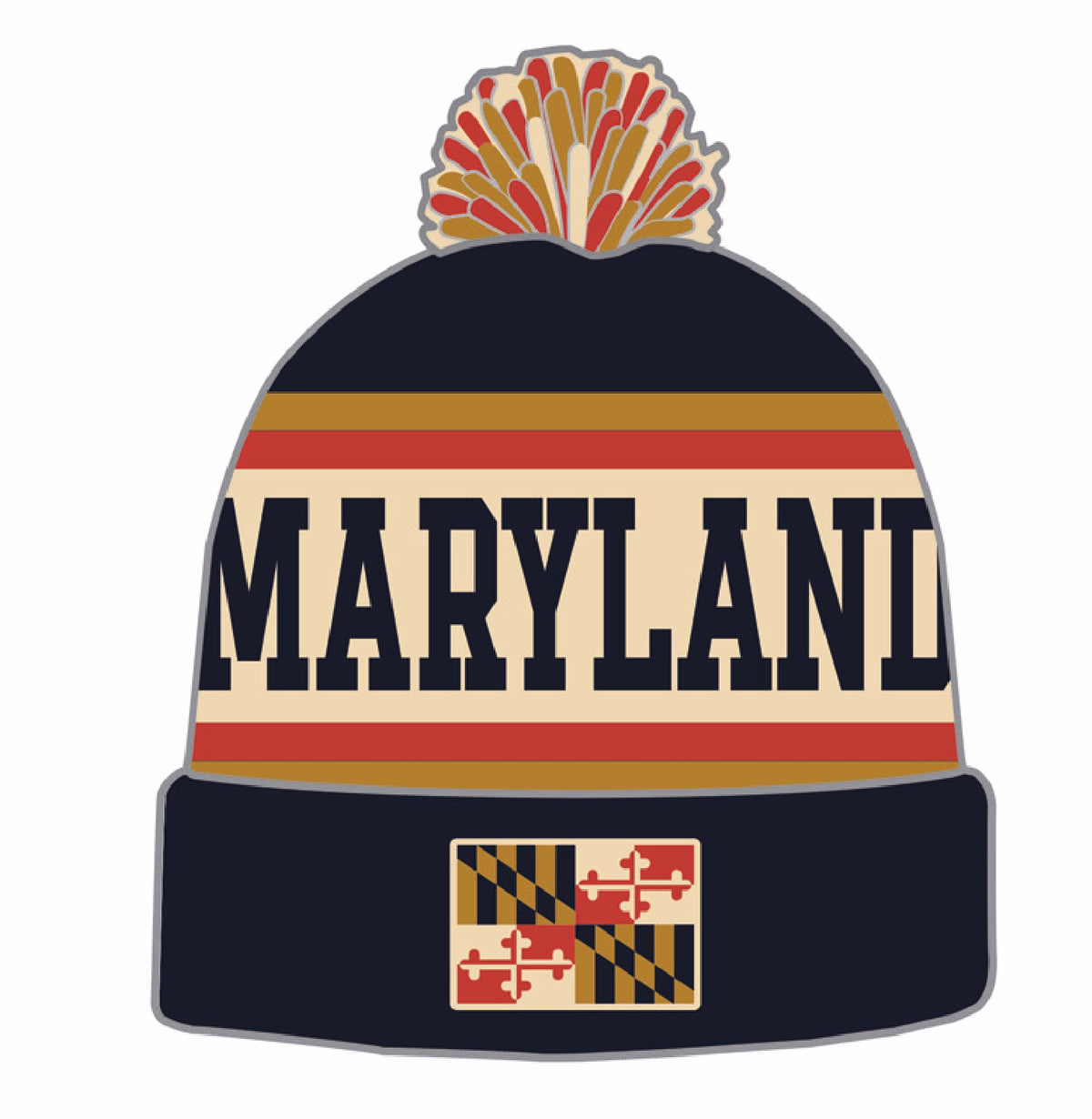 Maryland Vintage Stripe with Flag Patch Pom Beanie Cap Hat