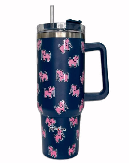 Puppie Love Dog 40 ounce Navy Pink Stainless Steel Travel Tumbler