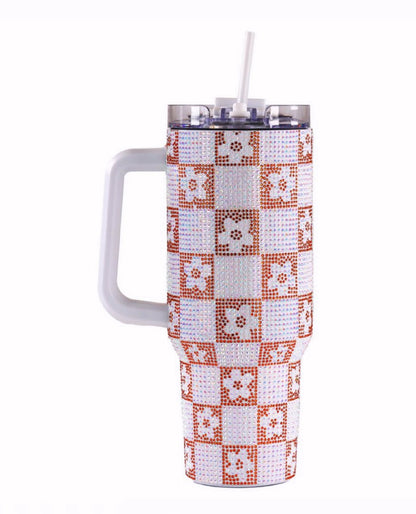 Simply Southern 30 oz Large Sequined Stainless Tumbler Travel Mug - Brown White Checkered