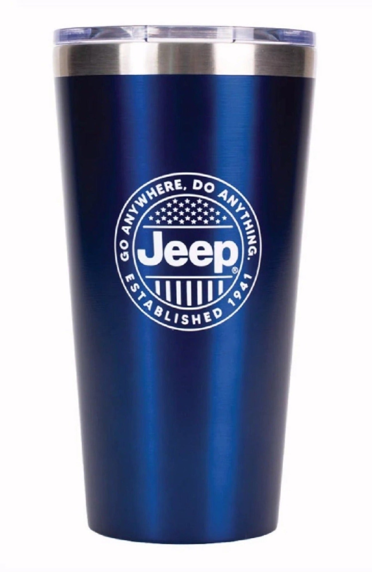 Jeep Logo Go Anywhere 16 Ounce Blue Vacuum-Insulated Stainless Steel Travel Mug Tumbler