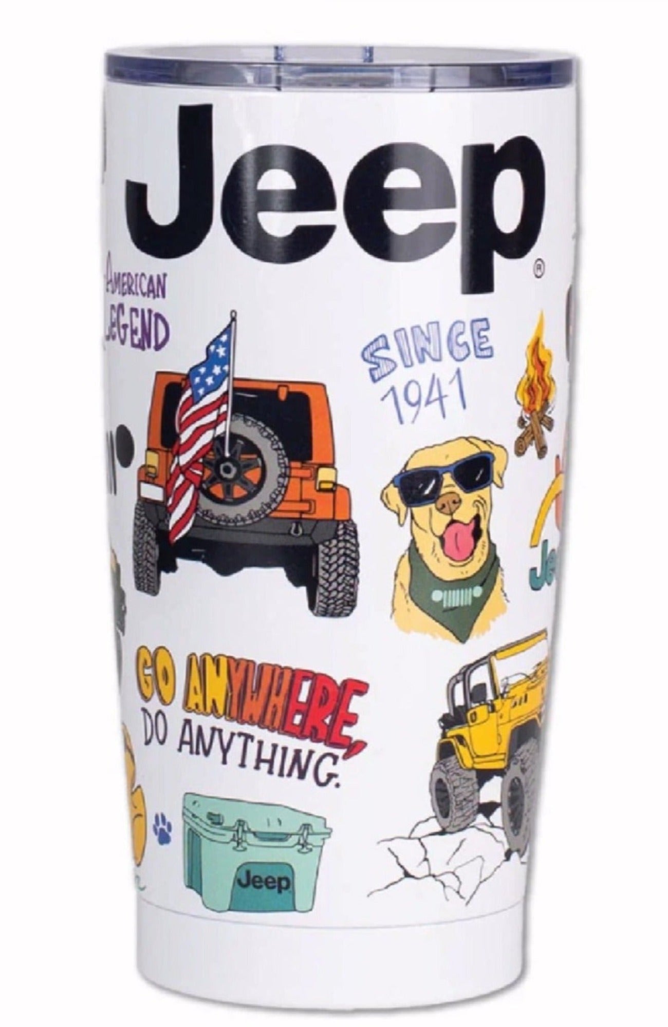 Jeep Aventure Wrap Around Icons 20 Ounce White Vacuum-Insulated Stainless Steel Travel Mug Tumbler