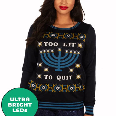 Too Lit To Quit Menorah LED Light-Up Hanukkah Humorous Sweater