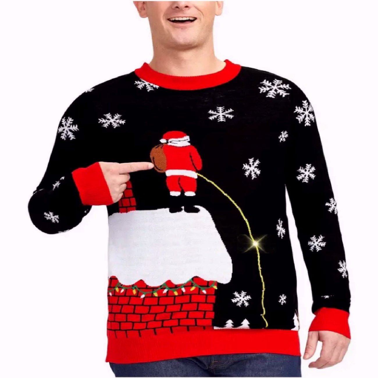 Santa in Relief Leaky Roof LED Light-Up Christmas Humorous Sweater