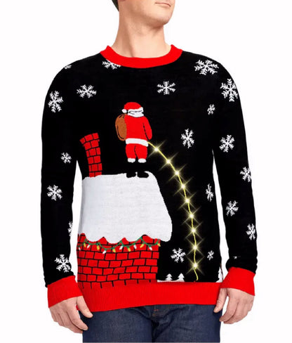 Santa in Relief Leaky Roof LED Light-Up Christmas Humorous Sweater