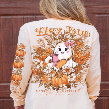 Simply Southern Hey Boo Halloween Fall Long Sleeve T-Shirt Crew Top