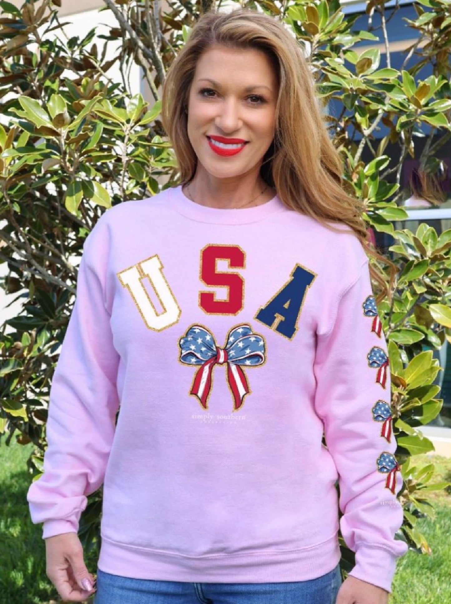 Simply Southern USA Patriotic Bow Tie Long Sleeve Crew Top Sweatshirt