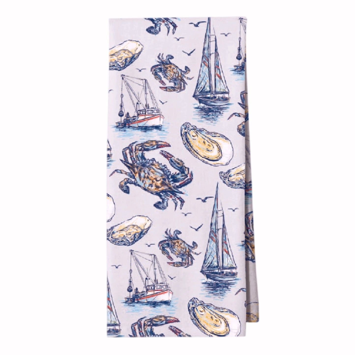 Watercolor Crabs Oysters and Boats Kitchen Towel