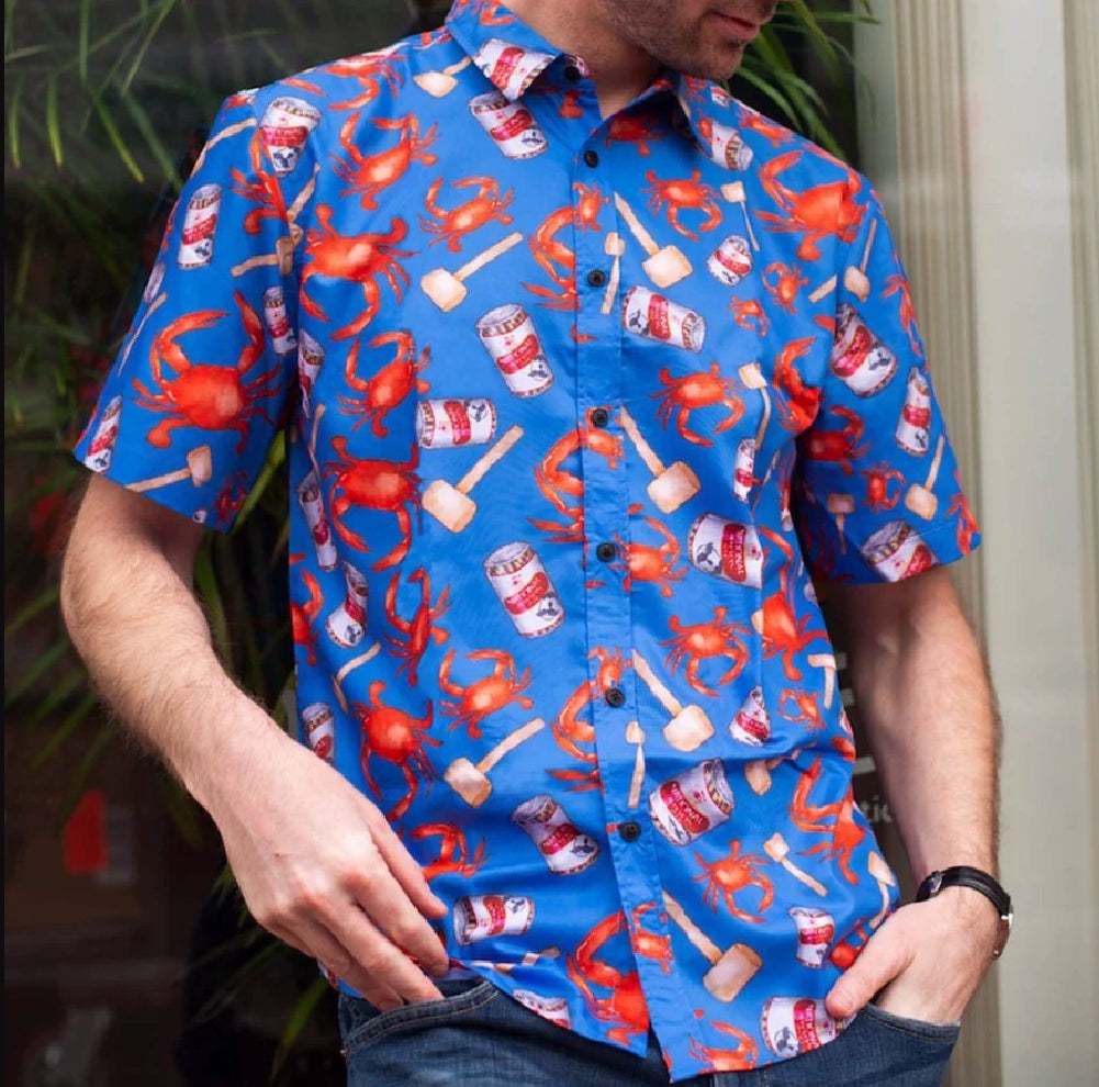 Crab, Mallet, And Natty Boh National Bohemian Beer Hawaiian Style Dress Shirt