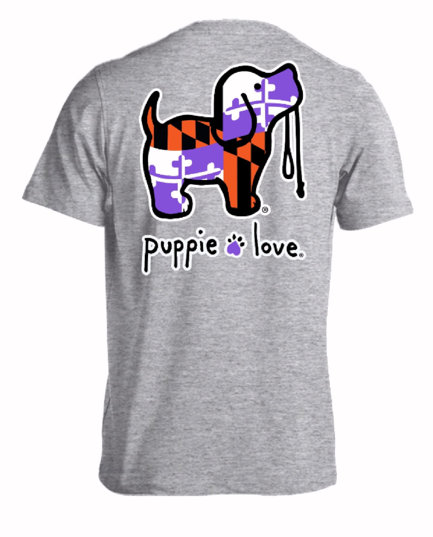 Puppie Love Dog Orange and Purple Sports Maryland Flag Short Sleeve T-Shirt