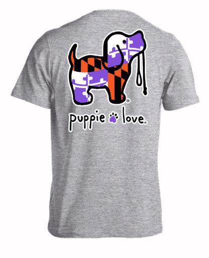 Puppie Love Dog Orange and Purple Sports Maryland Flag Short Sleeve T-Shirt