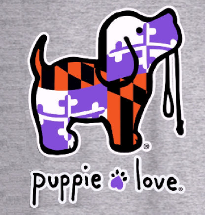 Puppie Love Dog Orange and Purple Sports Maryland Flag Short Sleeve T-Shirt