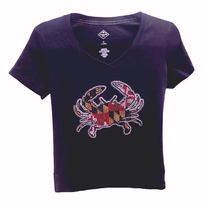 Maryland Flag Crab Rhinestone Womans V-Neck Short Sleeve Sleeve T-Shirt