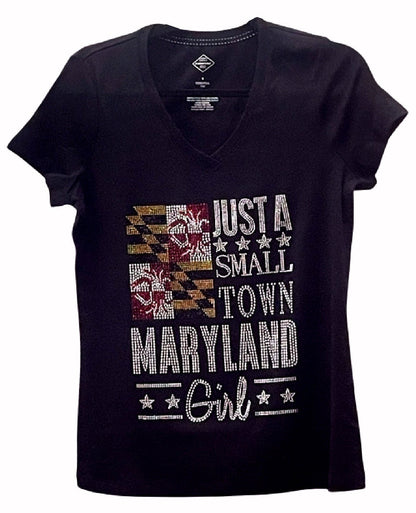 Just A Small Town Maryland Girl Rhinestone Womans V-Neck Short Sleeve Sleeve T-Shirt