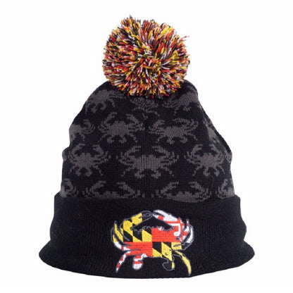 Maryland Black Embroidered Crab Pom Beanie Cap Hat