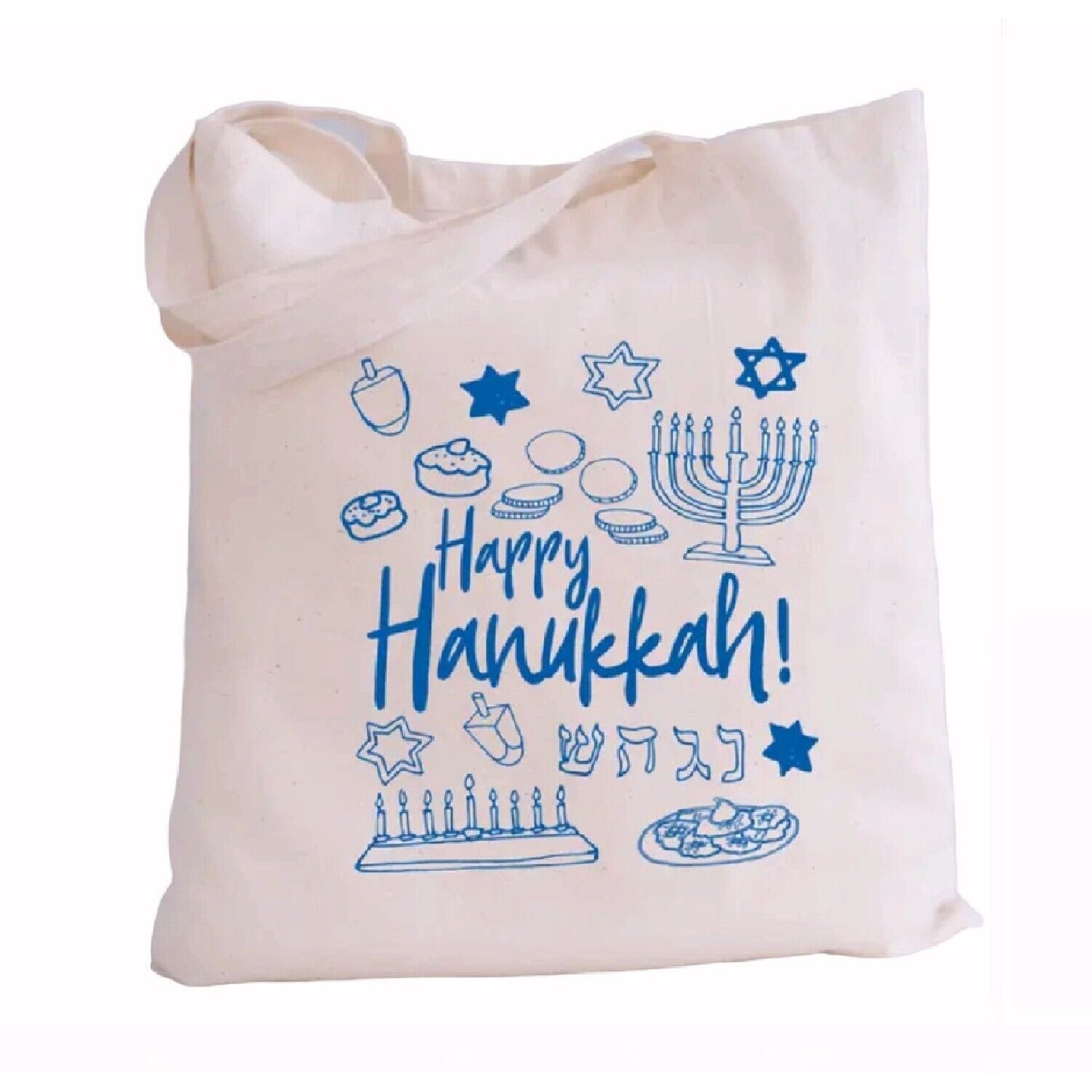 Happy Hanukkah Icons Holiday Lightweight Canvas Market Tote Reusable Shopping Bag