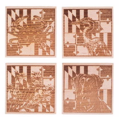 Maryland Flag Scenes Etched Wooden Coaster Set