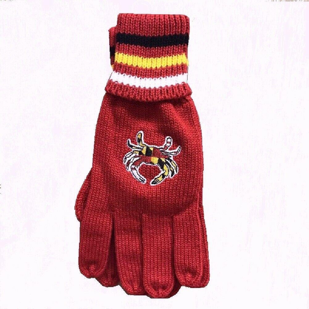 Maryland Embroidered Crab Red Knit Gloves